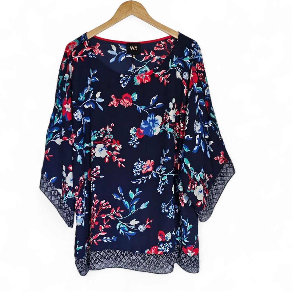 W5 Kimono Sleeve Top Size 2X Dark Floral Navy Blue Red Lightweight Comfy Flowy